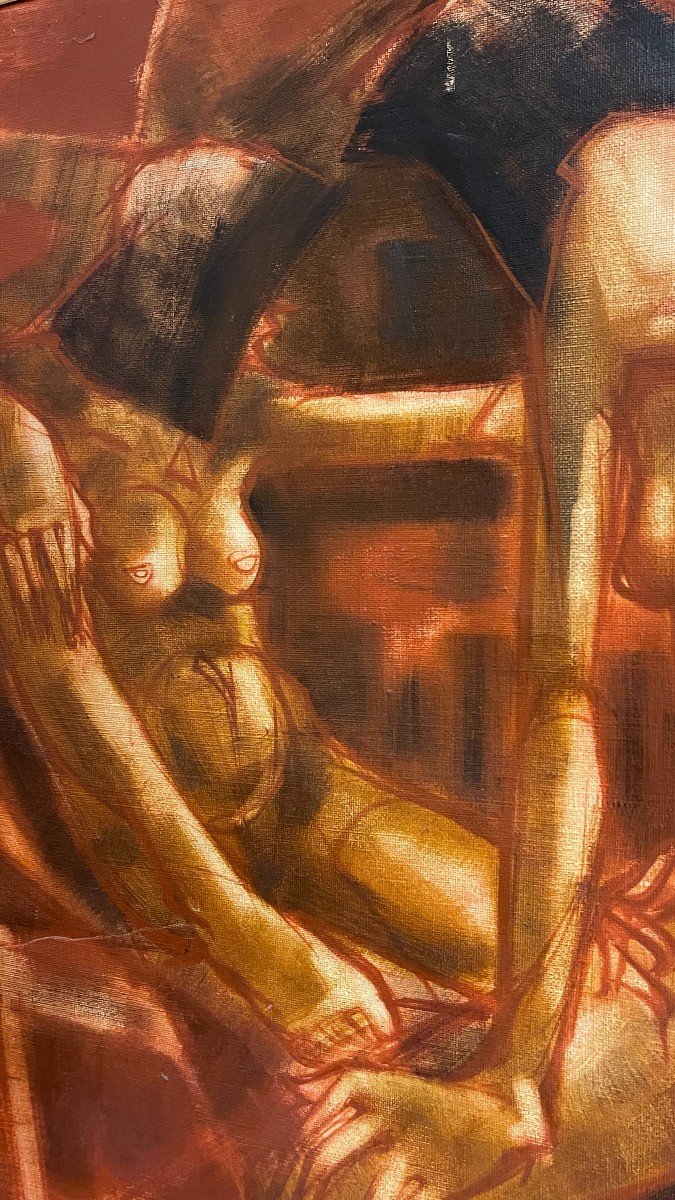 Francis Verlinden, "naked Women" Painting, Cabaret Scene, Oil On Canvas, 1970-photo-3